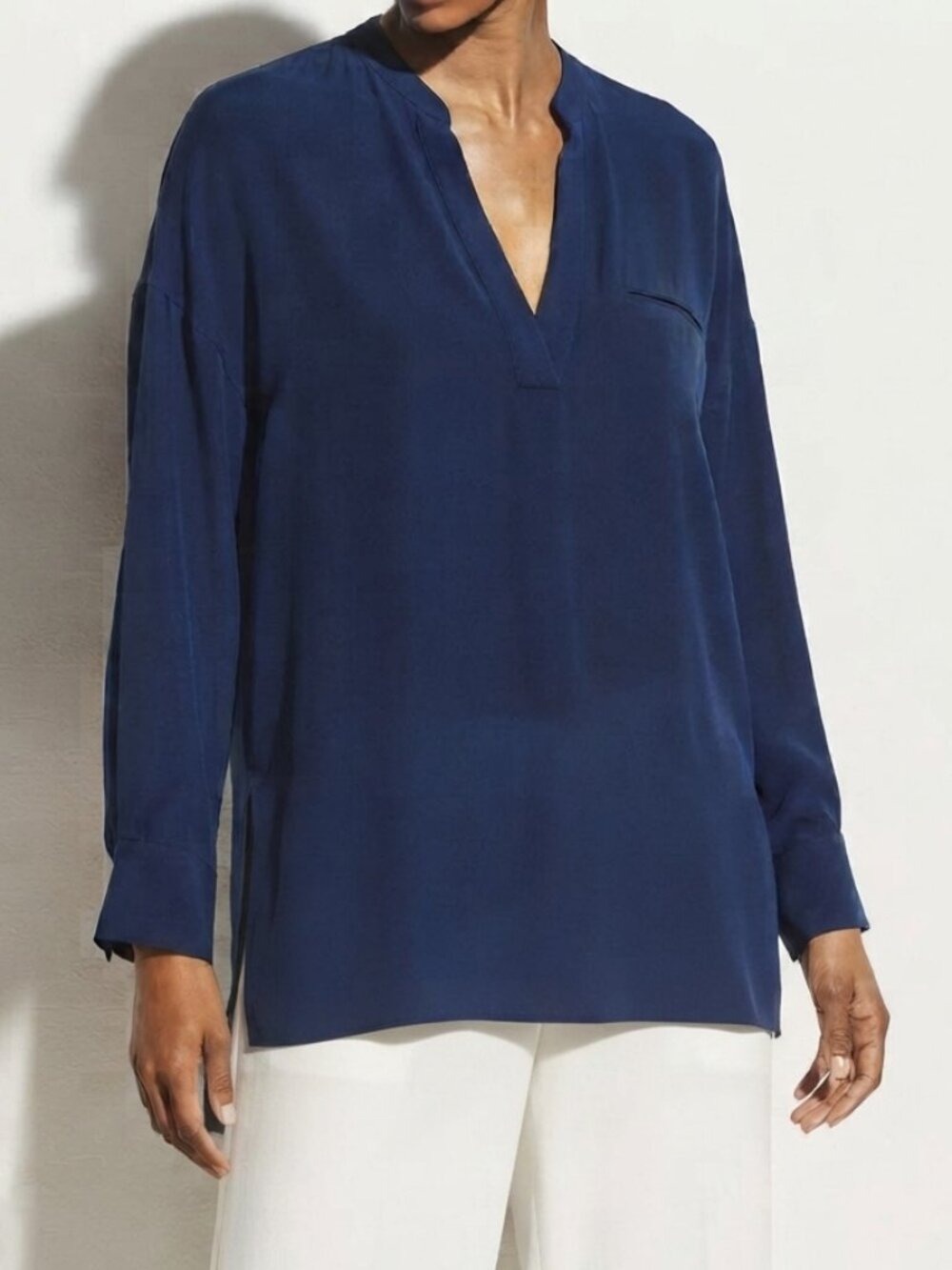 Vince Half Placket pocket long sleeved silk top / tunic Sapphire Blue Large